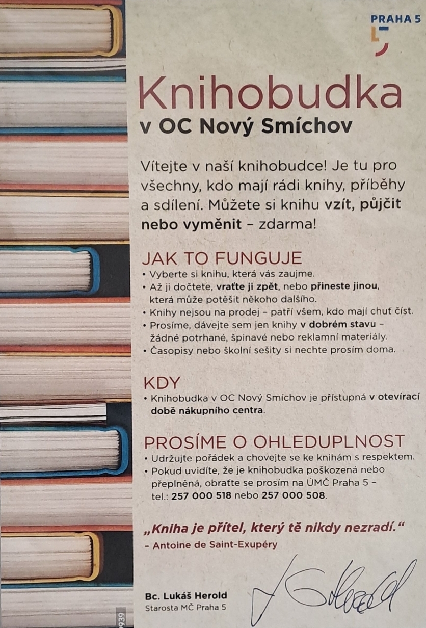 Knihobudka v OC Nový Smíchov bude pokračovat 2 kniobudka rad