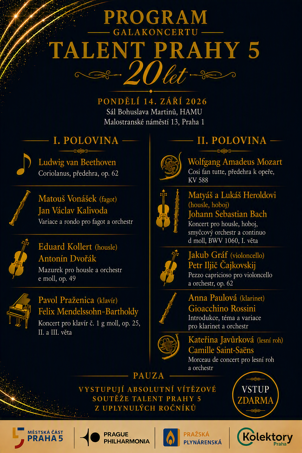 Na unikátním Galakoncertu vystoupí vítězové soutěže Talent Prahy 5 2 ProgramTalent final