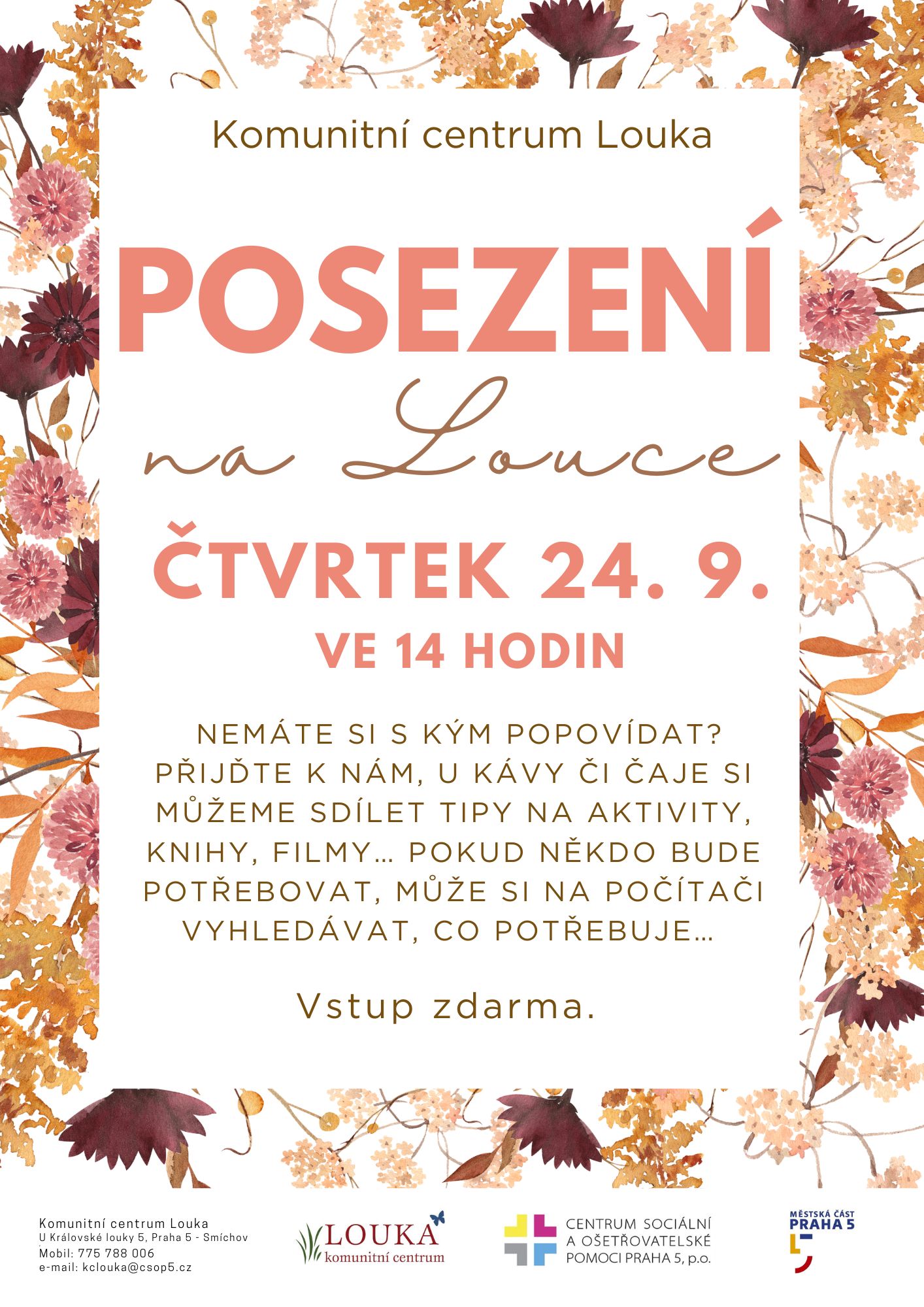 Přehled akcí v Praze 5 tento týden 4 KCL 24 9 2026 Posezeni na Louce 1