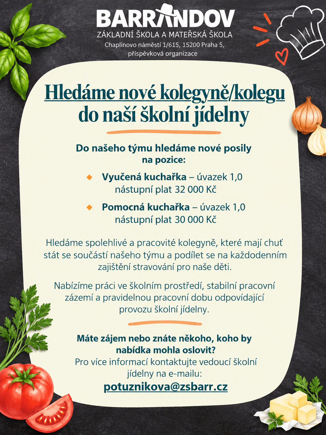 ZŠ a MŠ Barrandov hledá nové posily do školní jídelny 1 Naborovy plakat skolni jidelny